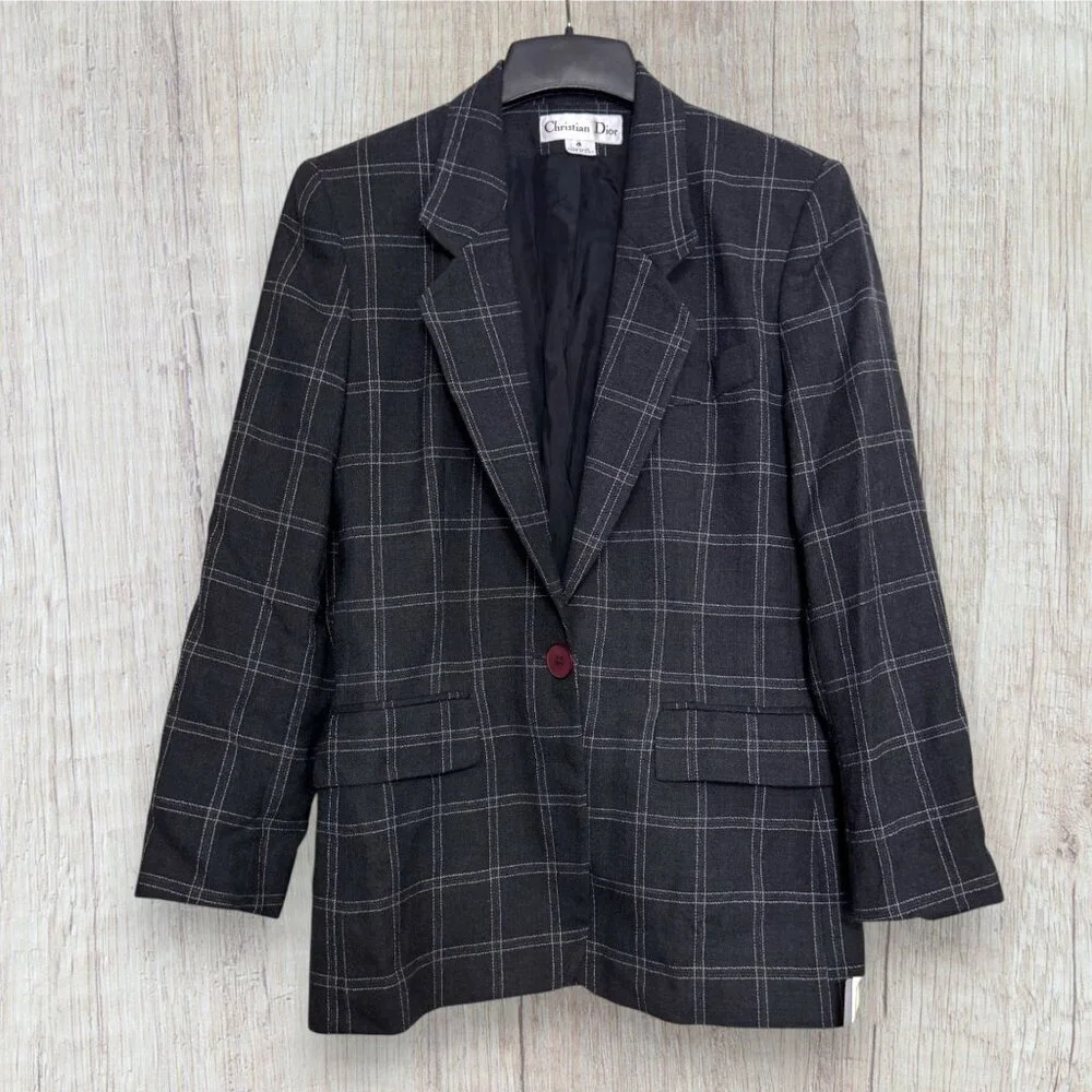 NWT Christian Dior Vintage 80s Plaid Blazer High Waist Pleated Pants Suit USA 4